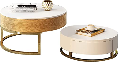 Kollecktiv Lift Top Coffee Table With Hidden Compartment Round Coffee Tables For Living Room Coffee Shop Elegance Gold Frame Center Table 31.5" (White) #TOP4