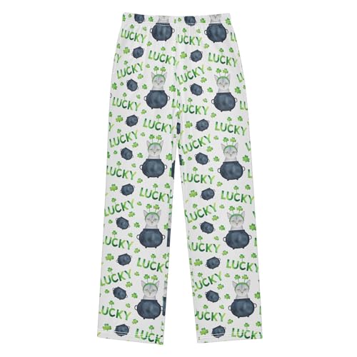 Lucky Cat Clover Boys Long Pants Soft Trousers Elastic Waist Kids Lounge Bottoms with Pockets S-XL