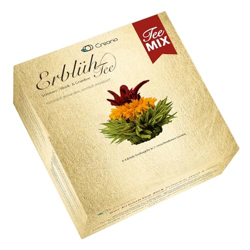 Creano Teeblumen Mix - goldenes Geschenkset Erblühtee mit Glas Teekanne weißer, grüner & schwarzer Tee in 6 Sorten Geschenk für Frauen (Schwarz, Weiß, Grün)