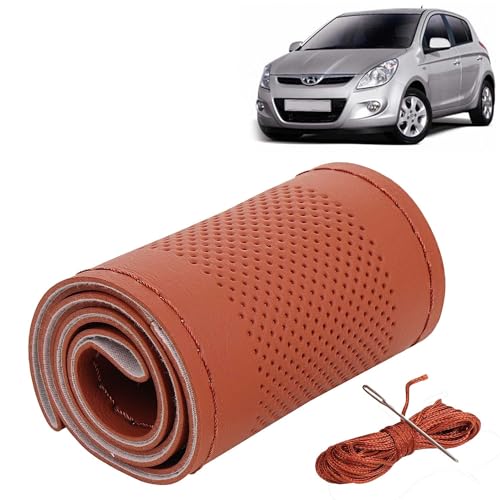 Image of KINGSWAY PU Leatherite Car Steering Cover Sewable Compatible with Hyundai I20 (Year 2008-2011), Tan Color with Tan Thread, Pack of 1 with Sewing Needle and Thread