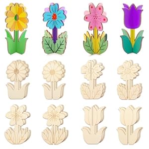 Catephe 16 Set Flower 3D Wooden Crafts Set for Kids, 32 Pcs Unfinished Wooden Slices with 4 Styles, Blank Wood Ornaments for DIY Crafts Home Decoration Craft Project