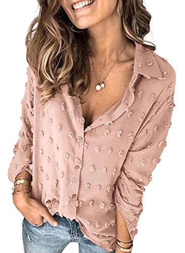 LUNAWINK Womens Blouses for Work Professional Fall Long Sleeve Button Down Shirts Office Ladies Swiss Dot Pom Pom Tops Pink US 2-6