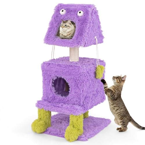 PETSITE 44 inch Monster-Themed Cute Cat Tree, Modern Cat Tree Tower with 2 Cat Condos, Sisal Scratching Post and Hanging Sound-Making Toys for Indoor Cats