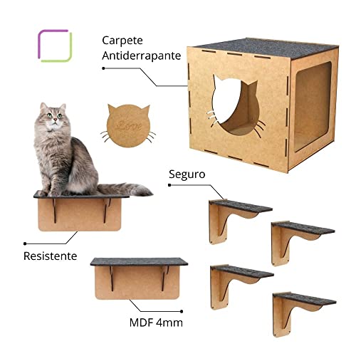 BOXFAN Kit Brinquedo Para Gato, 7 Peças em Mdf Com Carpete, Nicho, Prateleira, Degraus Escadinha, Pa