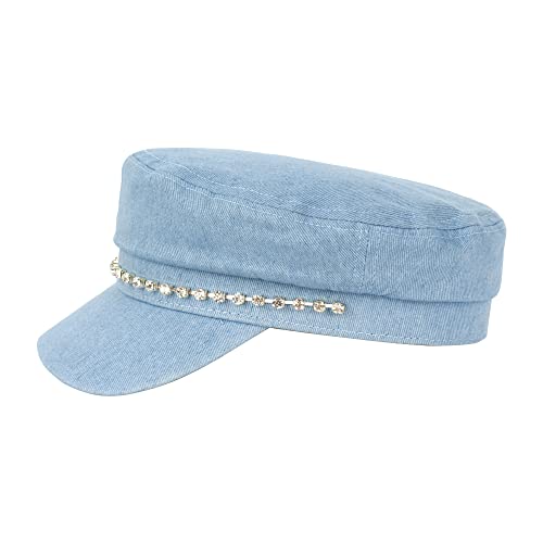 Danse Jupe Women Rhinestone Denim Visor Beret Newsboy Hat Flat Cap Retro British Baker Boy Artist Cabbie Hat,Light Blue #TOP2
