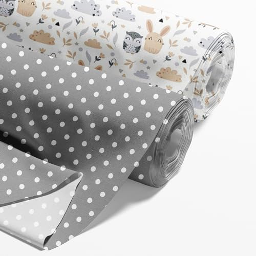 Tela de algodón cortada a medida SET 2x: 1 M x 160 cm- Telas para coser decorativa de algodón costura ligera para niños moda Búhos, puntos blancos sobre gris