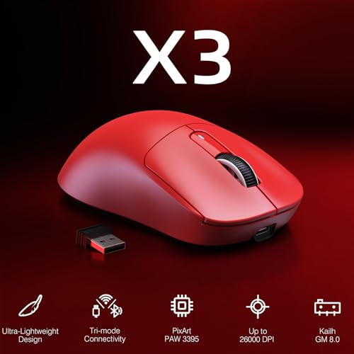 Image of ATTACK SHARK X3 Lightweight Wireless Gaming Mouse with Tri-Mode 2.4G /USB-C Wired /Bluetooth,26K DPI, PAW3395 Optical Sensor,Kailh GM8.0 Switch,5 programmable Buttons for PC /Win /Mac(Red)