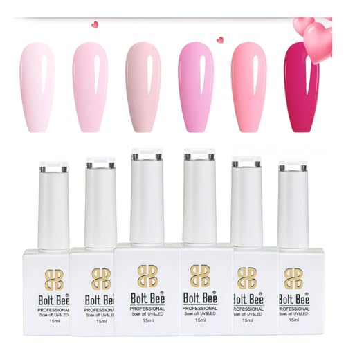 Image of Bolt Bee Gel Polish Kit, 6 Colors Light Soft Sakura White Nude Spring Soak off Nail Art Design Manicure Kit at Home (Nude Pink Shades)