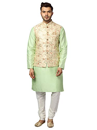 Image of Uri and MacKenzie Men's Silk Blend Kurta Churidar Pyjama with Stylish Nehru Jacket