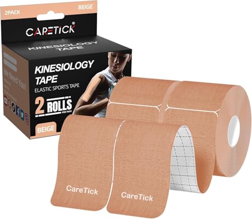 CareTick Kinesiology Sports Classic Tape Precut Strips 5cm x 5m Waterproof Elastic Physio Tape for Pain Relief and Muscle and Joint Support Latex Free Athletic Tape (Beige Precut)