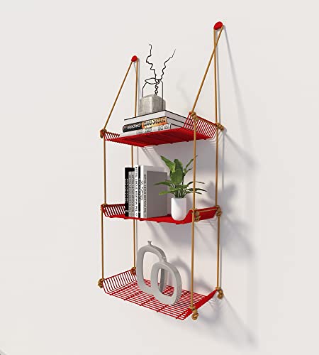 Image of Meshable Weebill 3-Tier Wall Hanging Metal Wall Shelf with Jute Rope, Home Decor Wall Shelves and Storage Racks with Elegant Design Ideal for for Balcony and Terrace, Standard Size - Red