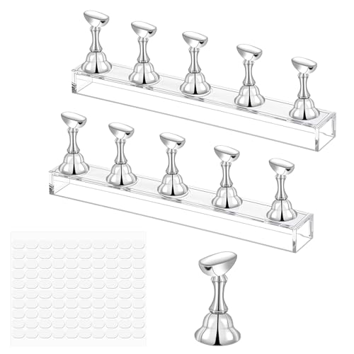 JIYIN Acrylic Nail Display Stand, Nail Crystal Holder Magnetic Nail Tips Practice Holder for Nail Art with Reusable Adhesive Putty, Nail Stand Kit for Press Ons and DIY Painting Nails(Silver)