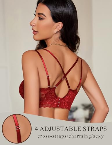 Image of Avidlove Bras for Women Floral Lace Bralettes Deep V Sexy Bras Cross Back Longline Bralette No Padded