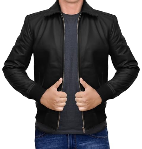 Image of 70s Style Classic Bomber Leather Jacket - Mens Vintage Real Lambskin Jacket
