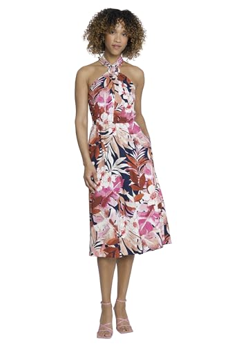 Image of Maggy London Women's Dresses Tropical Floral Print Halter Midi Dress with Cinched Waist