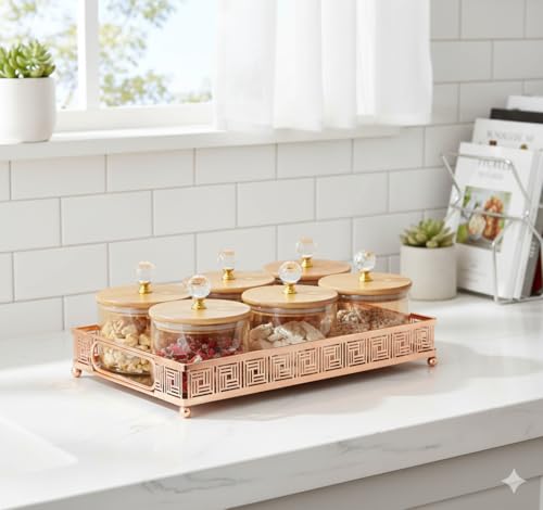 Image of Diwali Serving Dry Fruit, 6 pcs Glass Container Serving Tray Set | 600 ML Each Premium Design Air-Tight Lid Tray Copper Stand Organizer Lid jar