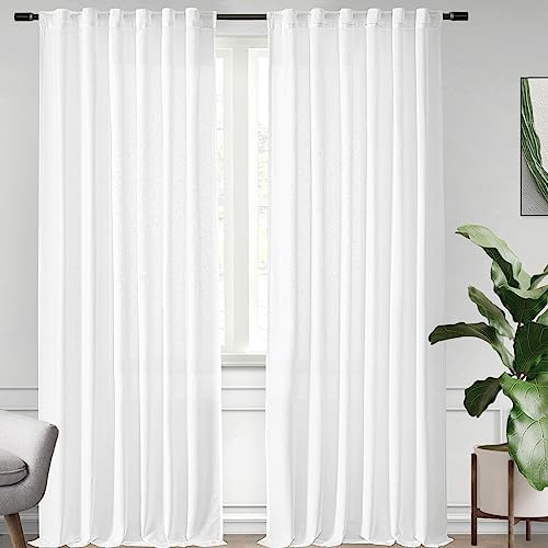 Lehome White Cotton Semi Sheer Curtains for Girls Bedroom 2 Pack, Solid Linen Blended Curtains 108 Inches Long Window Treatments, 100% Pure Natural Fabric Curtain for Spring, Summer, Autumn
