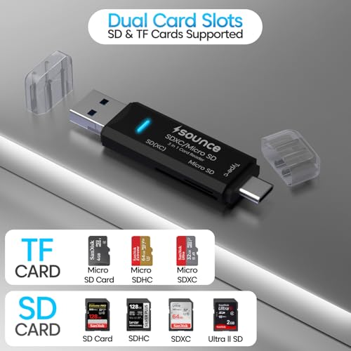 Image of Sounce 3 in 1 SD Card Reader USB Type C, USB 3.0 and Micro USB OTG Memory Card Adapter, Portable for TF, SD, Micro SD, SDHC, MMC, RS-MMC and Micro SDXC - Black