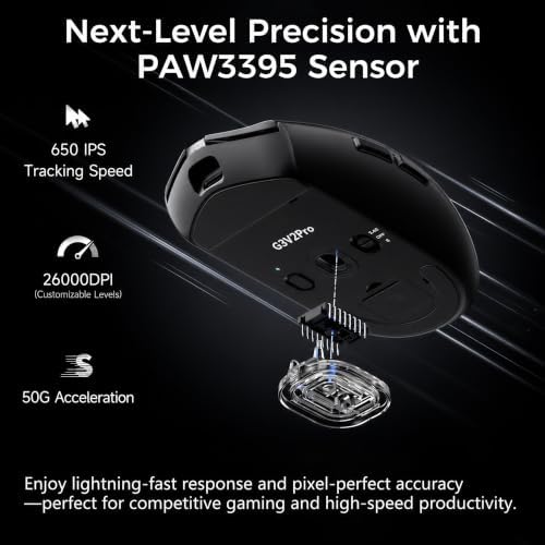 MCHOSE G3 V2 Pro Wireless Gaming Mouse, Symmetrical, PAW3395, 26K DPI, Tri-Mode Connection, Wireless/Wired 1K Polling, 59g Weight, 800mAh Battery - Black - 1