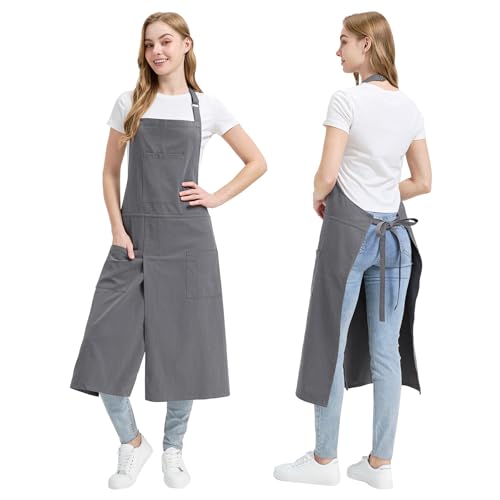 Molaxhome grey cotton-blend split-leg apron — showing three tool pockets