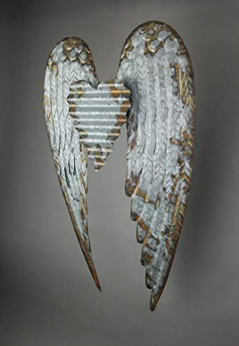 Zeckos Rustic Galvanized Grey Stamped Metal Angel Wings And Heart Decorative Wall Sculpture Art Décor 27.5 Inches High #TOP2