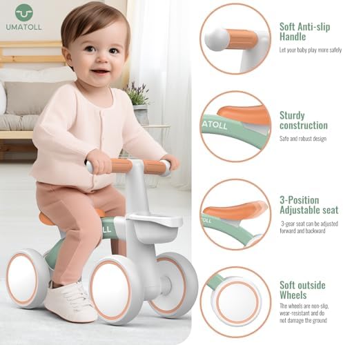 Umatoll Baby Balance Bike Toys for 1 Year Old Boys Girls Gifts, Adjustable Seat Baby Walker, First Birthday Gifts, 12-24 Months Toddler Ride on Toys with Removable Basket, Green