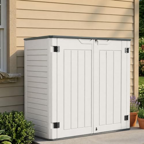 Image of EHHLY 35 Cuft Outdoor Storage Shed with 2 Shelves, Outside Storage Cabinet Waterproof with 2 Doors, Large Capacity Horizontal Garden Tool Sheds for Bike, Trash, Lawn Mower and Tools