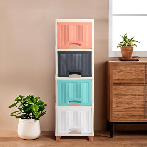 Image of Kuber Industries 4 Units Cupboard for Storage Organizer | Foldable Wardrobe Rack for Clothes, Books & Toys | Stackable Kitchen Cabinet for Home | Bedroom & Kids Living Room | Multicolor