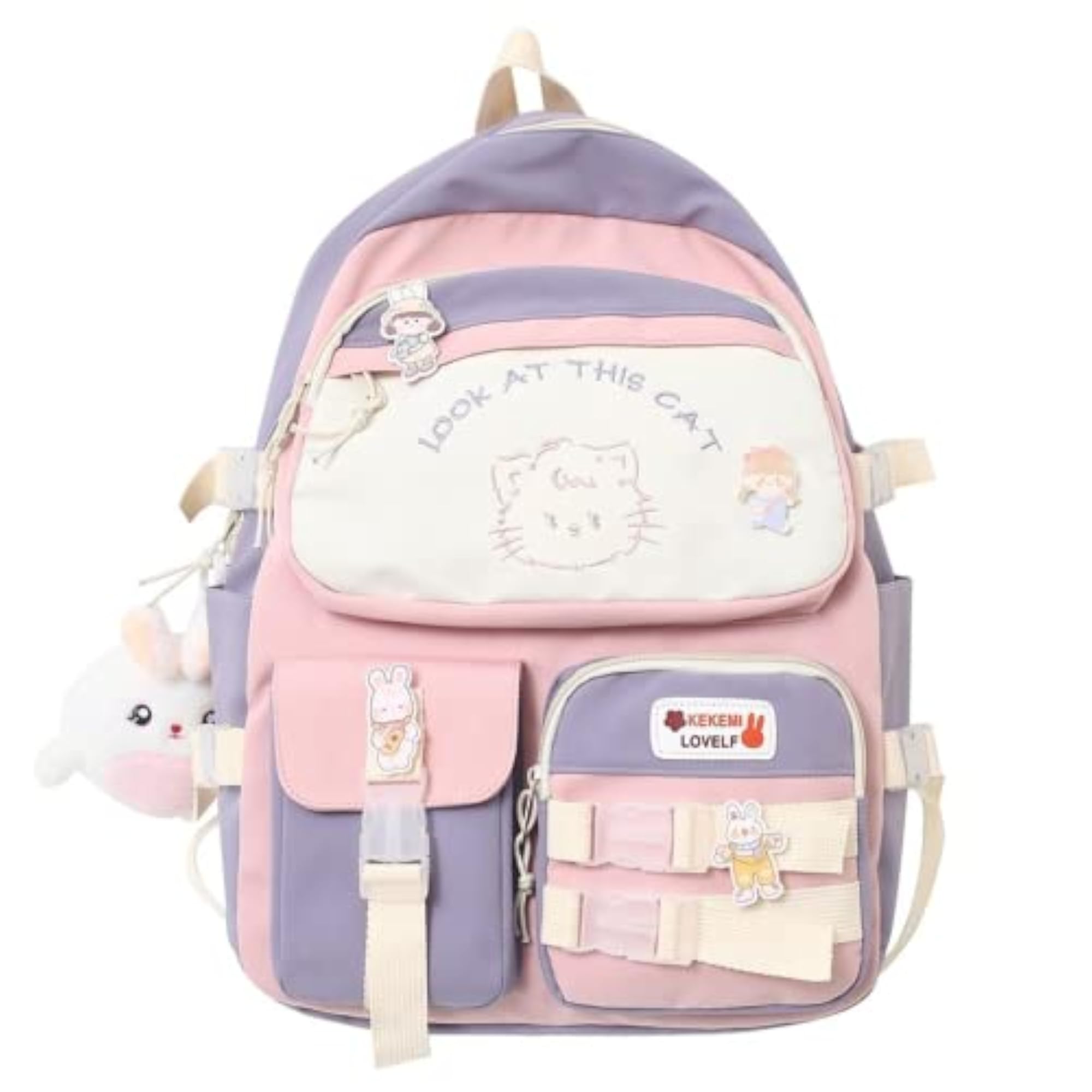 Cute Cat Animal Aesthetic Backpack with Bunny Pendant