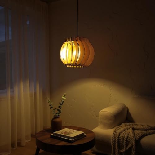 Image of Wood Pinecone Pendant lamp, Wooden Ceiling lamp, Wooden Hanging lamp handicrafted Home decore Chandelier Light (Round)