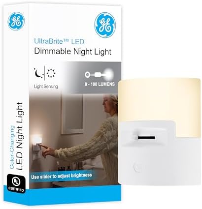GE Ultrabrite LED Night Light, Dimmable, 100 Lumens, Plug-in, Dusk to Dawn Sensor, UL-Listed, Ideal for Bedroom, Bathroom, Nursery, Kitchen, Hallway, 45125, 1 Pack, White | Dimmable Night Light for Bathroom, Kitchen, and Utility Room, UL Certified, Energy Efficient