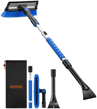 AstroAI 47.2" Ice Scrapers for Car Windshield, 3 in 1 Sturdy Snow Brush with Squeegee, 10 Adjustable Length Settings, Extendable Aluminum Handle, 180° Pivoting Snow Scraper for Car, Truck, SUV(Blue)