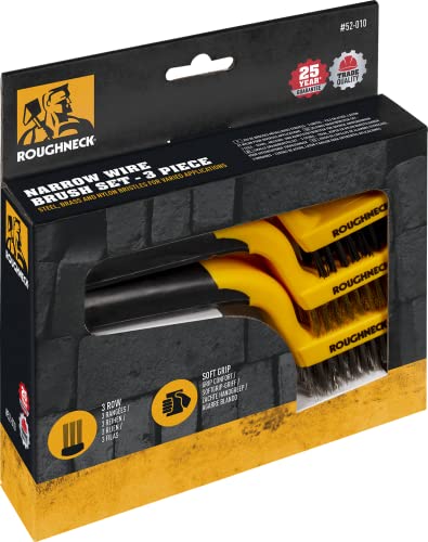 Roughneck 52010 - Set di spazzolini metallici con setole in nylon, acciaio inox e ottone, impugnatura morbida, ideale per pulire piccole superfici, 3 pezzi