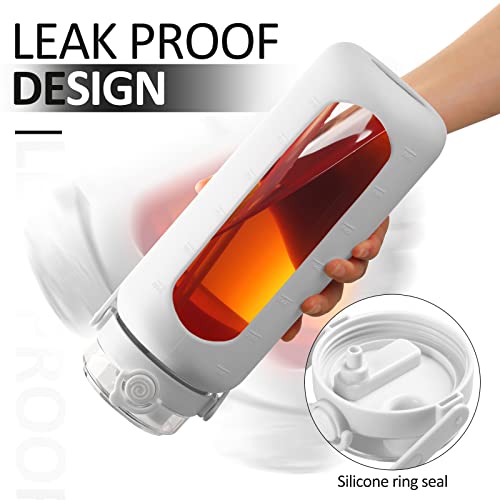 Bluego 64Oz Glass Water Bottles With Straw Time Marker Half Gallon Large Motivational Water Bottle With Silicone Sleeve 2L Big Glass Water Jug Bottle For Gym, Sports, Workout, Daily White #TOP4