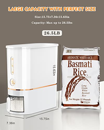 Vendotbi 26.5Lbs Rice Dispenser, Rice Container With Measuring Cup, Large Capacity Food Storage Container With Lid, Food Dispenser Kitchen Organization For Home Kitchen Pantry Rice Soybean Corn-White #TOP6
