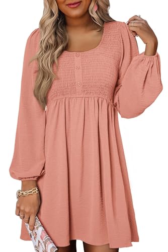 Dokotoo Womens 2025 Casual Dresses Smocked Crewneck Button Up Long Sleeve Empire Waist A-Line Mini Dress