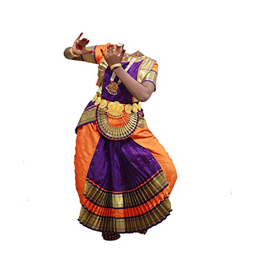 Image of Mudra Dance Costumes Classical Bharatnatyam Readymade Orange and Violet Silk Cloth Women and Kids Dress for Fancy Dress, Costume Competitions, School Dance Events, Annual Functions