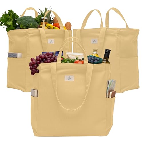 Nook Theory 3-Pack Reusable Grocery Bags - Heavy Duty, Large 12 Oz Cotton Canvas Reusable Shopping Bags With Pockets, 100% Cotton Cloth Grocery Totes, Foldable Multi Compartment (Sand)