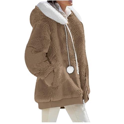 Womens Winter Coats Fuzzy Fleece Jacket Hooded Color Block Patchwork Cardigan Coat Warm Outerwear With Pocket