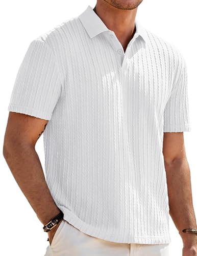 JMIERR Mens Polo White Shirt Short Sleeve Casual Button Dress Knit Golf Polo Shirt, S