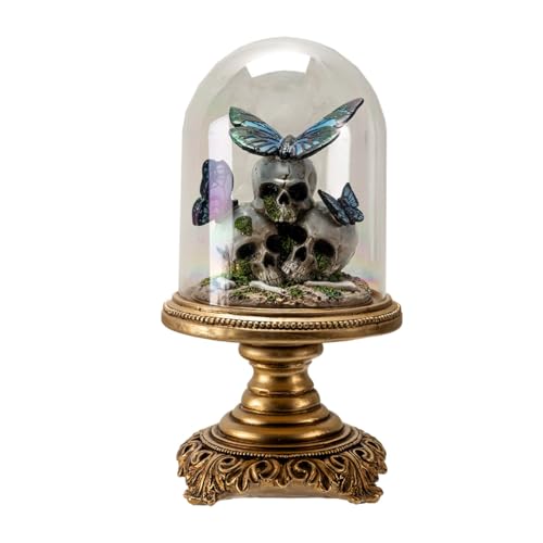 Pacific Giftware Gothic Skull and Blue Butterfly Glass Cloche Dome Halloween Display Figurine with Decorative Gold Base Dark Academia Skull Decor Creepy Cute Polyresin Home Accent 11.1''H