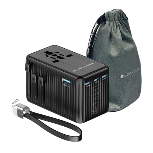 iBlockcube Universal Travel Adapter, 140W GaN Technology, EU/UK/AUS/US/JP Worldwide, Fast Charging for iPhone, MacBook pro, Vision Pro, Charging Cable Included Black