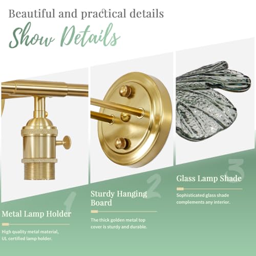 Image of 3 Light Bathroom Vanity Light Vintage Wall Sconce Gold Vanity lighting fixtures Over Mirror mid Century Modern Wall lamp with Dark Green Glass Shade Indoor Wall Light for Bedroom Hallway Living Room