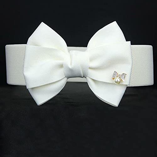Women's Vintage Bowknot Wide Elastic Stretchy Cinch Belt For Dresses Big Corset Waistband (White 01, Suit Waist Size:23-38") #TOP1