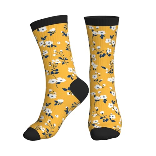 YHTJSZP Yellow Floral White Leaves Slouchy Crew Socks for Men Women, Funny Novelty Athletic Long Tube Socks for Soccer Running Hiking Yoga Softball Baseball