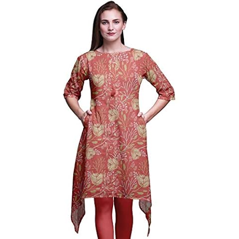 Bimba Orange künstlerisch Blumen- Frauen Kurtas ethnisch bedruckten asymmetrischen Sommer tragen Tops für Frauen X-Large Cover