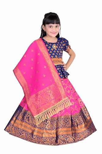 Image of Girls Pattu Pavadai Ready to Wear Lehenga, Blouse & Dupatta Set - Heavy Jacquard Fabric, Fully Stitched