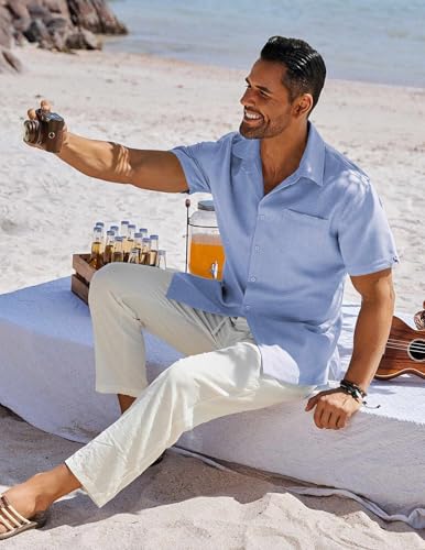 Image of COOFANDY Men's Button Down Shirts Short Sleeve Casual Shirts Summer Beach Linen Shirts with Pocket