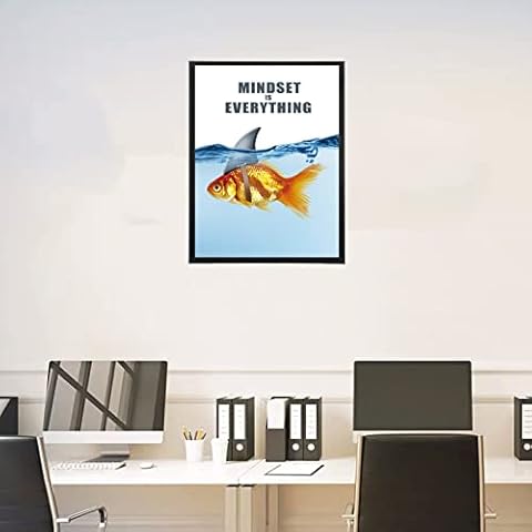VODOE Mindset is Everything Wall Art Decor,Motivational Wall Art Decor Poster,Home Office Gym Inspirational Decor,Improvement Positive Quote,Shark Goldfish 12x16 inches Unframed Cover