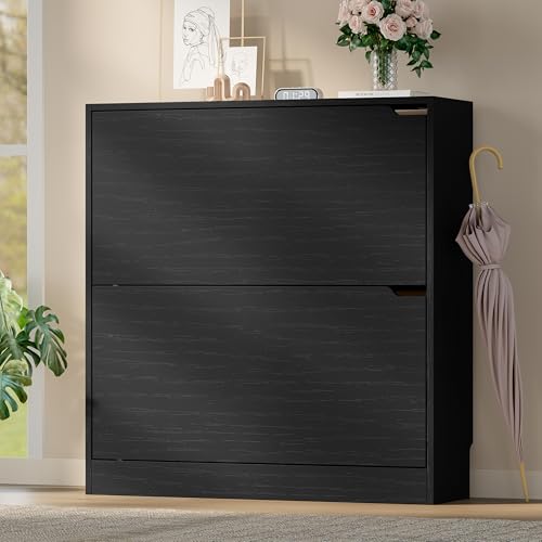 Image of BORNOON Shoe Cabinet with 2 Flip Drawers, Slim Narrow Shoe Storage Cabinet, Freestanding Shoe Organizer with Adjustable & Removable Shelves, Top Display Shelf for Entryway, Hallway, Foyer, Closet